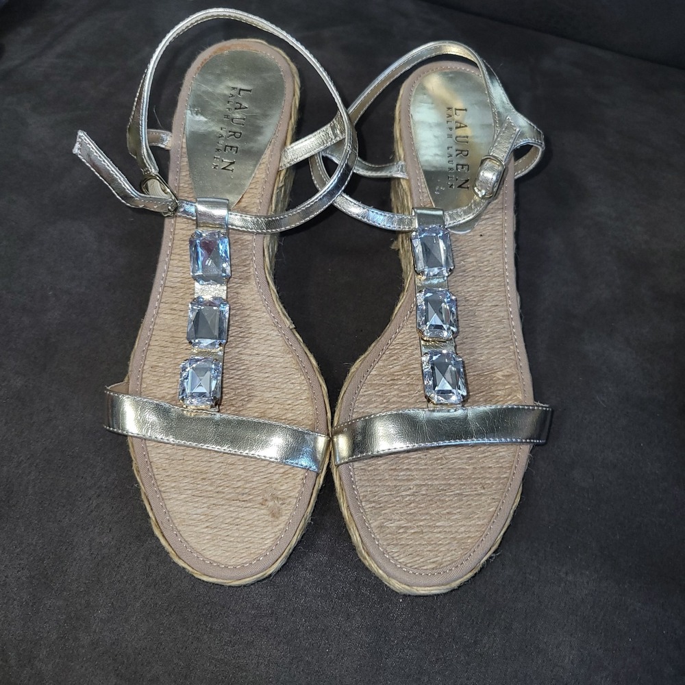 Ralph Lauren Metallic Gold Rhinestone Womens Wedges Sandals Shoe Espadrilles 9.5